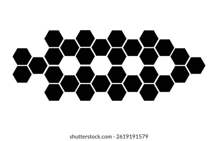 Black hexagon, honeycomb, design element, shapes, pattern with no strokes. Asset for photo collection, collage, template, frame, overlay, montage, clipping, layer mask. Transparent background. EPS 10.