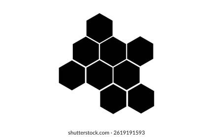 Black hexagon, honeycomb, design element, shapes, pattern with no strokes. Asset for photo collection, collage, template, frame, overlay, montage, clipping, layer mask. Transparent background. EPS 10.
