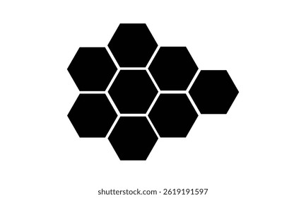 Black hexagon, honeycomb, design element, shapes, pattern with no strokes. Asset for photo collection, collage, template, frame, overlay, montage, clipping, layer mask. Transparent background. EPS 10.