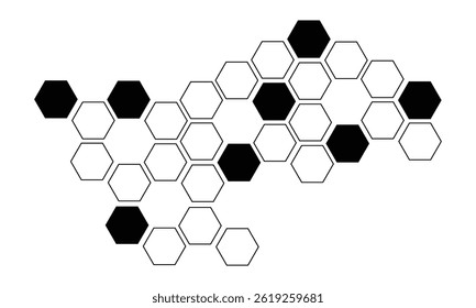 Black hexagon, honeycomb, design element, shapes, pattern with no strokes. Asset for photo collection, collage, template, frame, overlay, montage, clipping, layer mask. Transparent background. EPS 10.