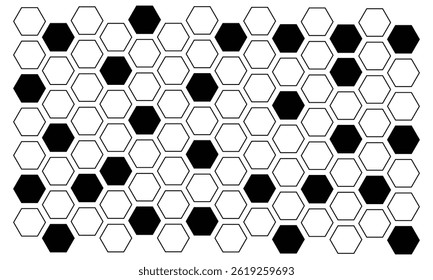 Black hexagon, honeycomb, design element, shapes, pattern with no strokes. Asset for photo collection, collage, template, frame, overlay, montage, clipping, layer mask. Transparent background. EPS 10.