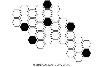Black hexagon, honeycomb, design element, shapes, pattern with no strokes. Asset for photo collection, collage, template, frame, overlay, montage, clipping, layer mask. Transparent background. EPS 10.