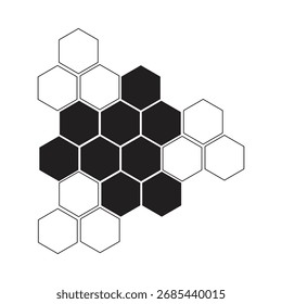 Black hexagon, honeycomb, design element, shapes, pattern with no strokes. Asset for photo collection, collage, template, frame, overlay, montage, clipping, layer mask.

