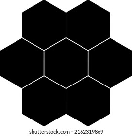 Black hexagon, honeycomb, design elements, shapes, pattern with no strokes. Use for photo collection, collage, template, frame, overlay, montage. Transparent background. Vector illustration, eps 10.