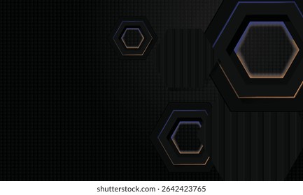 Fondo negro de la capa del hexágono con el Vector brillante colorido del efecto ligero