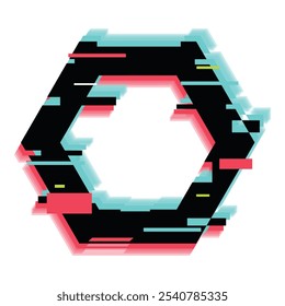 Black hexagon with pink and blue offset, glitch effect on white background