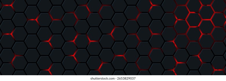 Hexágono preto e luz vermelha.Fundo 3d abstrato