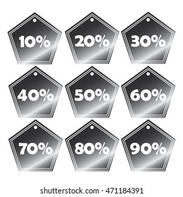 black hexagon shape discount tag set 10%, 20%, 30%. 40%, 50%, 60%. 70%, 80%, 90%.