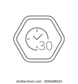 Black hexagon sign black thin line icon vector, time, clock, 30 minutes, minutes