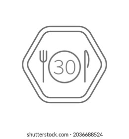 Black hexagon sign black thin line icon vector, food, cutlery, eating, dinner, plate, 30 minutes, minutes