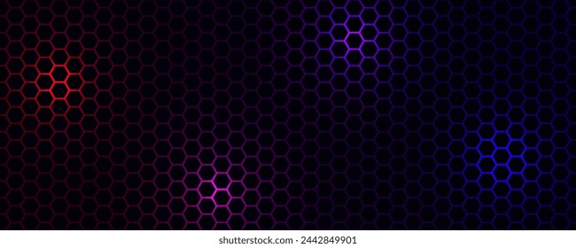 Capa de superposición de fondo negro de hexágono tecno en el espacio oscuro con decoración de efecto de luz azul roja. Elemento de diseño gráfico moderno concepto de estilo futuro para banner web, flyer, tarjeta, cubierta o folleto