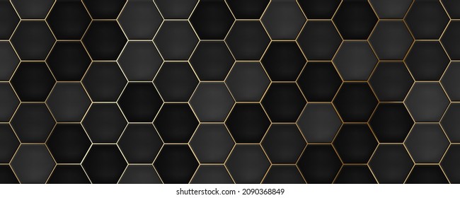 Black Hexagon Tiles With Gold Grout. Modern Seamless Pattern, Dark Colored Hexagon Ceramic Tiles. 