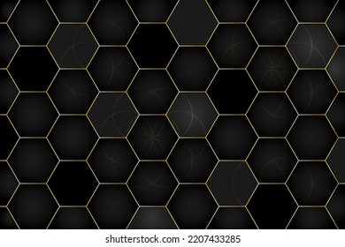 Black hexagon tiles with gold grout. Modern seamless pattern, dark colored hexagon ceramic tiles with sacred geometry design