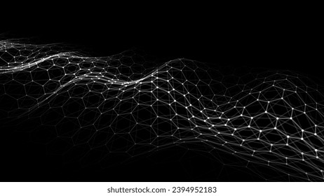 Black hexagon wave of particles and lines. Big data visualization. Abstract background with a dynamic wave. Vector illustration.