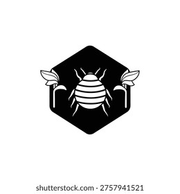 Black hexagon with white beetle and leaves insect