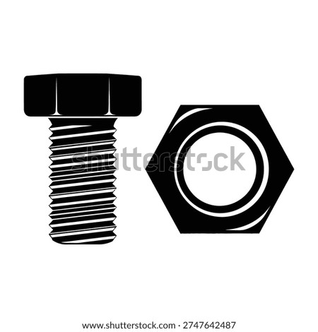 Black hexagonal bolt and nut isolated on white background industrial hardware mechanical fasteners construction elements