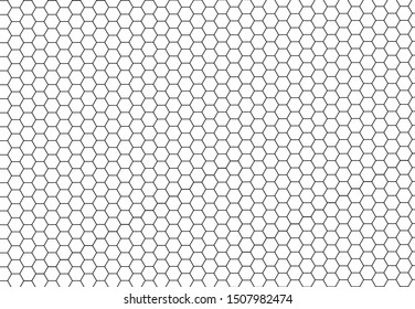 Black hexagonal cells seamless texture. Honeyed cell grid texture and geometric hive honeycombs. Abstract vector illustration.