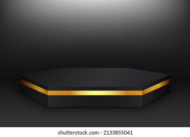 Podio hexagonal negro con rayas de brillo dorado.