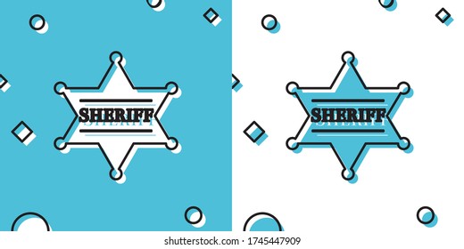 Black Hexagonal sheriff star icon isolated on blue and white background. Sheriff badge symbol. Random dynamic shapes. Vector Illustration