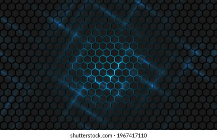 Black hexagonal technology abstract vector background. Blue bright energy flashes under hexagon in futuristic tech modern background. Dark gray honeycomb texture grid. Vector illustration EPS 10.