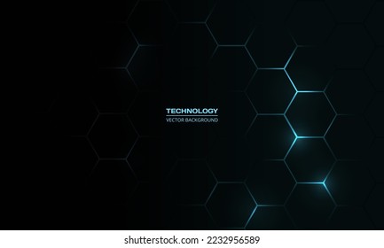 Black hexagonal technology vector abstract background. Blue bright energy flashes under hexagon in modern technology futuristic background vector illustration. Black honeycomb texture grid.