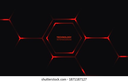 Black hexagonal technology vector background. Red bright energy flashes under honeycomb in modern dark technology futuristic abstract background.