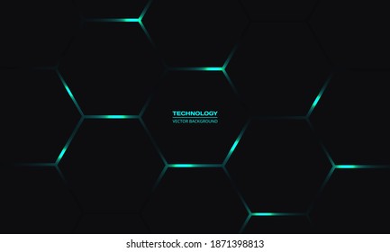 Black hexagonal technology vector background. Turquoise bright energy flashes under honeycomb in dark modern technology futuristic abstract background.