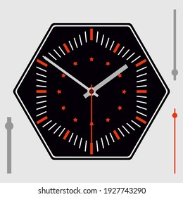 Black hexagonal watch dial with red stars on background, without numbers. Hour, minute and second hands. Vector illustration