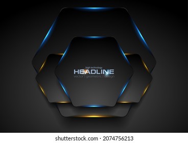 Black Hexagons With Blue Orange Neon Light Abstract Background. Vector Tech Glowing Corporate Design