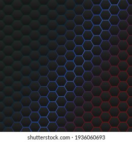 Black Hexagons With Blue And Red Background. Cyber Game Backdrop.