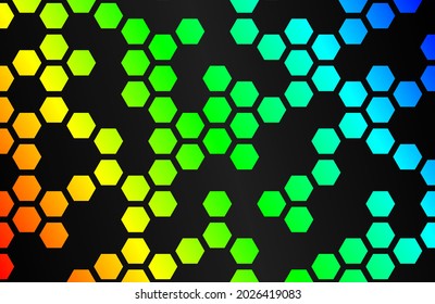 Black hexagons with multicolored backlight abstract background. Vector
