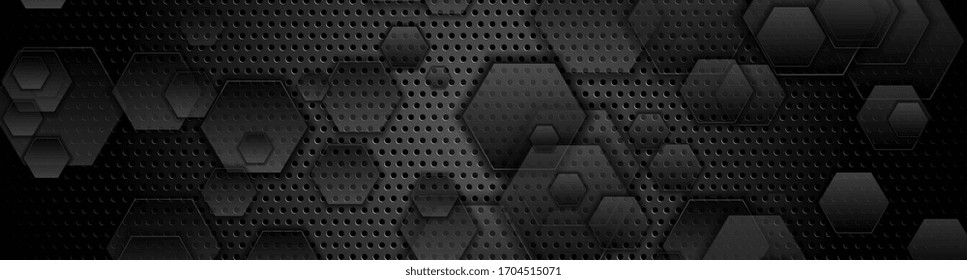 Black hexagons on dark perforated metallic background. Abstract technology banner design. Vector illustration