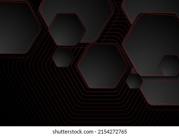 Black hexagons with red lines abstract geometric background. Vector tech design