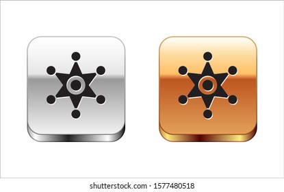 Black Hexagram sheriff icon isolated on white background. Police badge icon. Silver-gold square button. Vector Illustration
