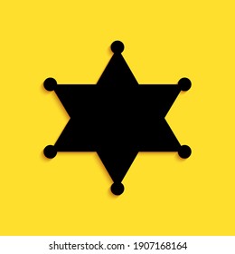 Black Hexagram sheriff icon isolated on yellow background. Police badge icon. Long shadow style. Vector.