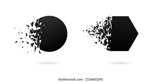 Black hexahedron, circle  with explosion effect on white background with debris. Vector illustration for banner, backdrop, invitation, poster, web template. 