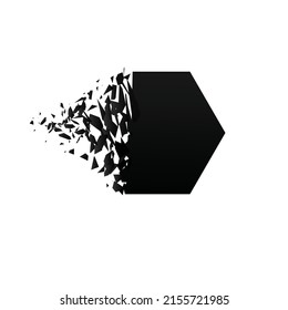 Black hexahedron with explosion effect on white background with debris. Vector illustration for banner, backdrop, invitation, poster, web template. 