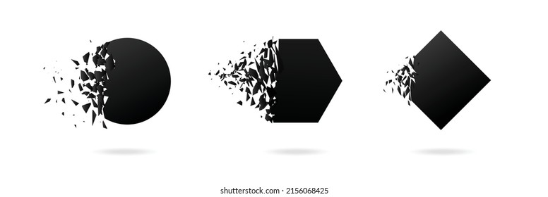 Schwarzes Hexahedron, Rhombus, Kreis mit Explosionseffekt auf weißem Hintergrund mit Trümmern. Vektorgrafik für Banner, Hintergrund, Einladung, Poster, Webvorlage. 