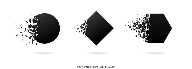 Schwarzes Hexahedron, Rhombus, Kreis mit Explosionseffekt auf weißem Hintergrund mit Trümmern. Vektorgrafik für Banner, Hintergrund, Einladung, Poster, Webvorlage. 