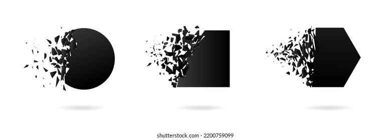 Black hexahedron, rhombus, circle  with explosion effect on white background with debris. Vector illustration for banner, backdrop, invitation, poster, web template. 