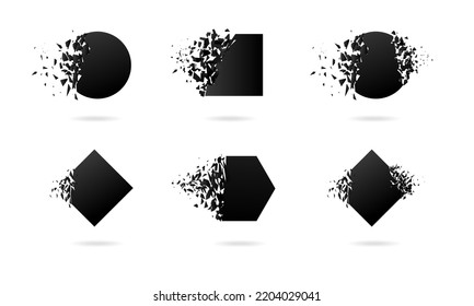 Schwarzes Hexahedron, Rhombus, Kreis mit Explosionseffekt auf weißem Hintergrund mit Trümmern. Vektorgrafik für Banner, Hintergrund, Einladung, Poster, Webvorlage. 