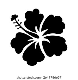 Black hibiscus flower silhouette with detailed petals and stamen on white background. Clipart image isolated on background.