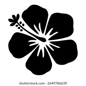 Silhueta de flor de hibisco preto com estame detalhado e pétalas. Imagem de clipart isolada no plano de fundo.