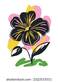 Black hibiscus tropical exotic flower pink green yellow brush stroke silhouette vector drawing.Floral stencil tattoo design.Decor.Decoration.Vinyl wall sticker decal.Plotter laser cutting.Logo.DIY cut