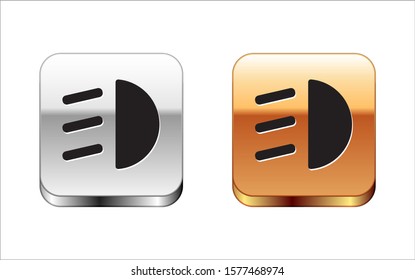 Black High beam icon isolated on white background. Car headlight. Silver-gold square button. Vector Illustration