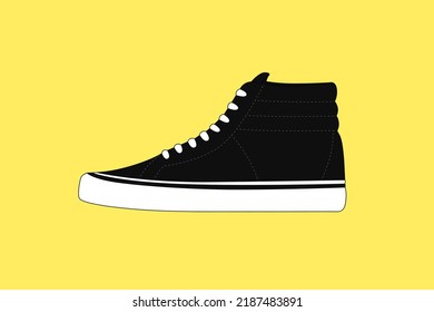 Black High Boots, Sport Style Silhouette. Vector Sneaker Illustration On Yellow Background. Trainers Shoe Logo. Skater Shoes Symbol. American Urban Keds. High Top Sneaker. Basketball Footwear