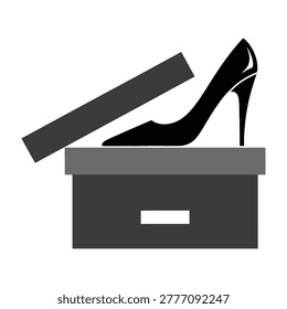 Black high heel shoe emerging from an open shoe box on white background, elegant fashion accessory