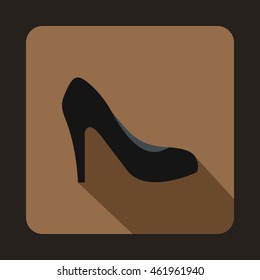 Black high heel shoe icon in flat style on a coffee background