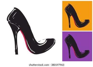 Black high heel vector sketch in fashion style on white, yellow and purple background.
