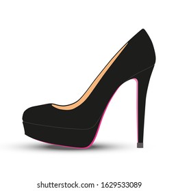 Black high heels platform pump with pink sole. Vector illustration isolated on white background